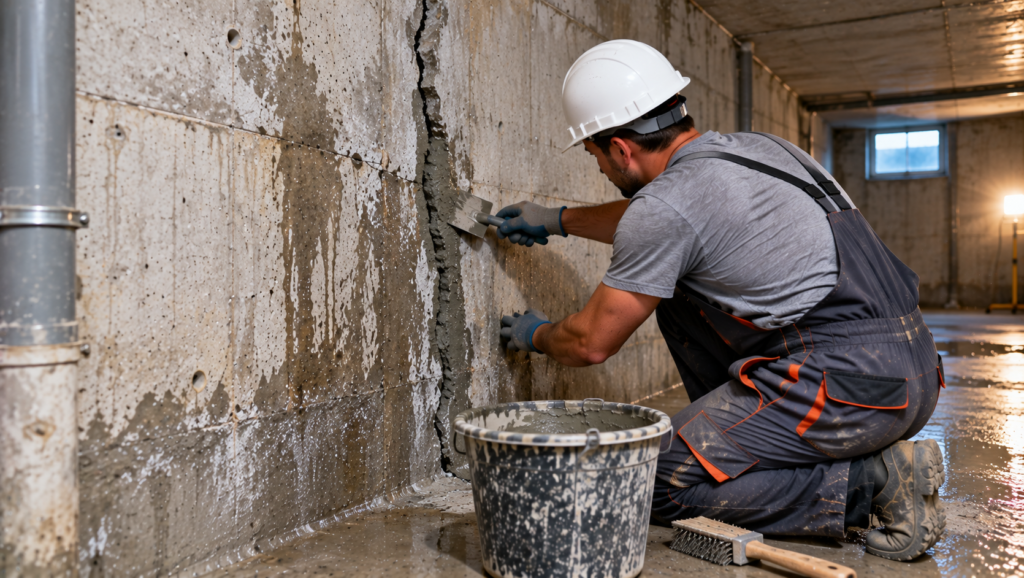 Fisură în beton reparată înainte de hidroizolația prin cristalizare